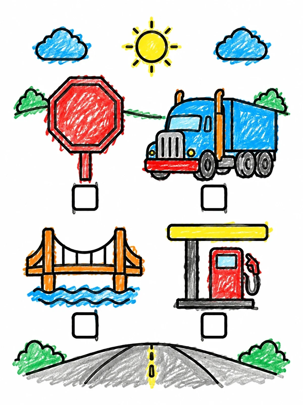 Colored example of the Road Trip Scavenger Hunt coloring page