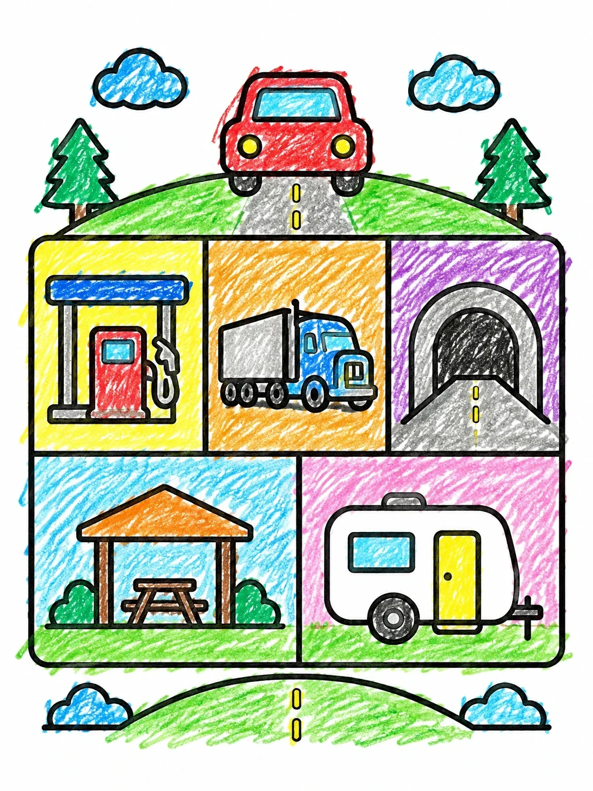 Colored example of the Road Trip Scavenger Hunt Grid coloring page