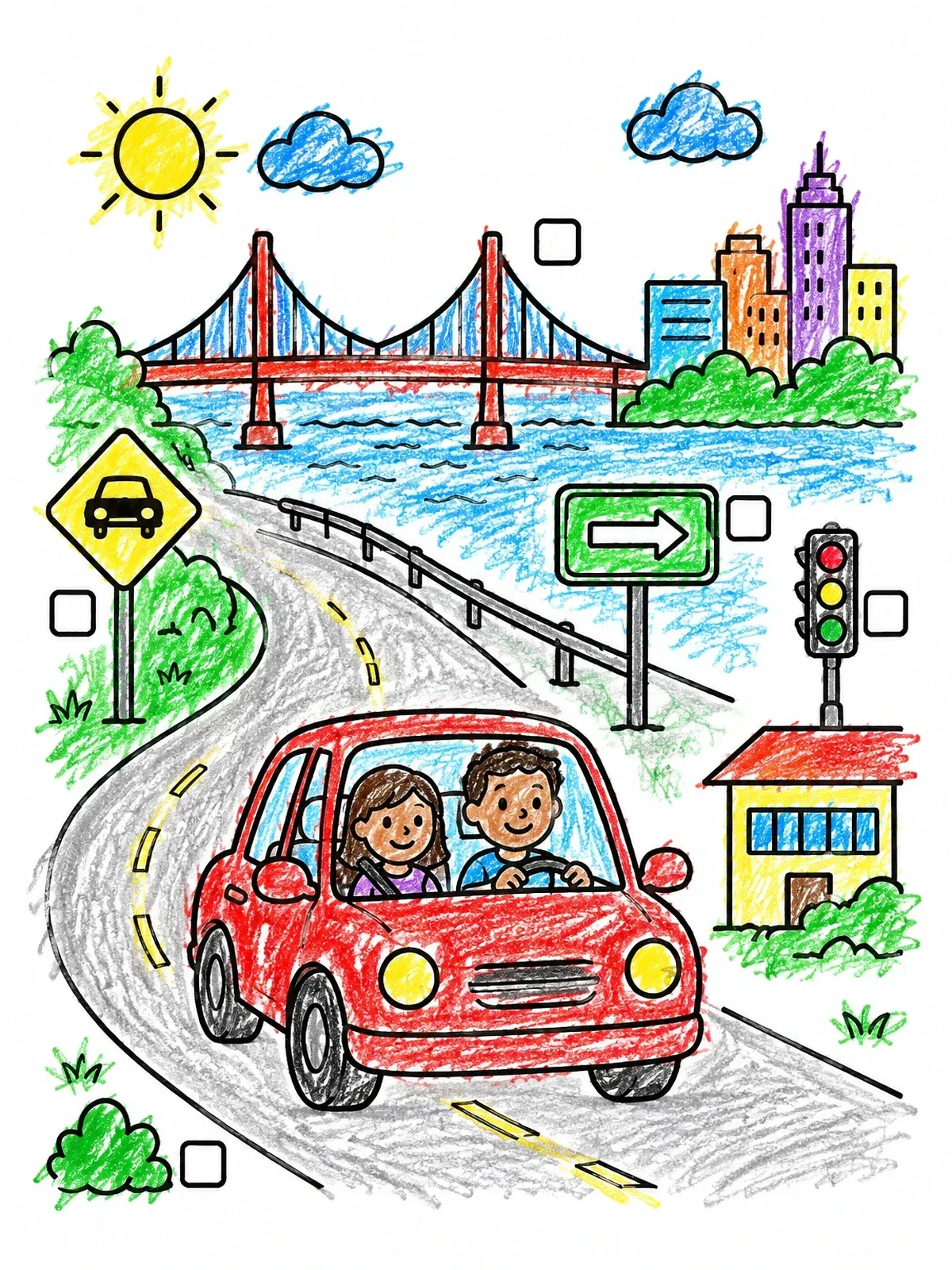 Colored example of the Road Trip Scavenger Hunt coloring page