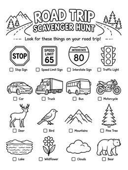 Free printable Road Trip Scavenger Hunt Activity coloring page