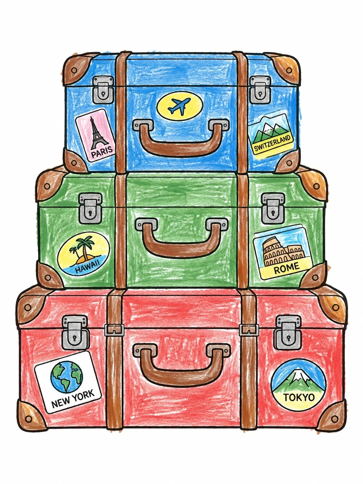 Colored example of the Stack Of Vintage Travel Suitcases coloring page