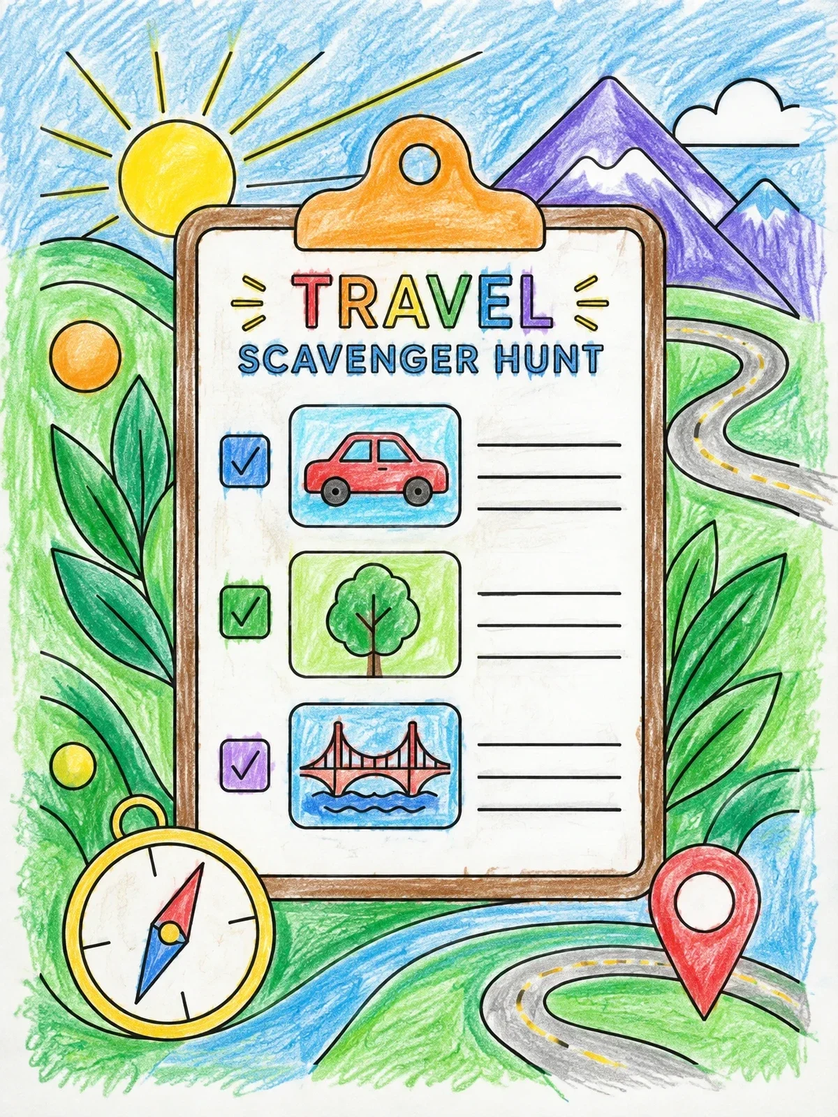 Colored example of the Travel Scavenger Hunt Clipboard coloring page