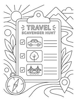 Free printable Travel Scavenger Hunt Clipboard coloring page