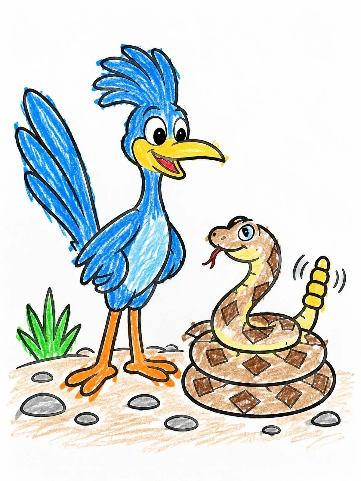 Colored example of the Friendly Roadrunner And Rattlesnake In Desert coloring page