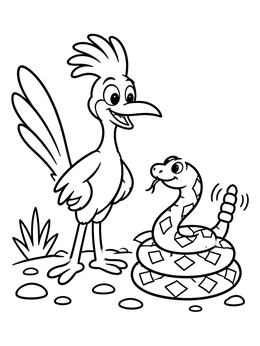 Free printable Friendly Roadrunner And Rattlesnake In Desert coloring page