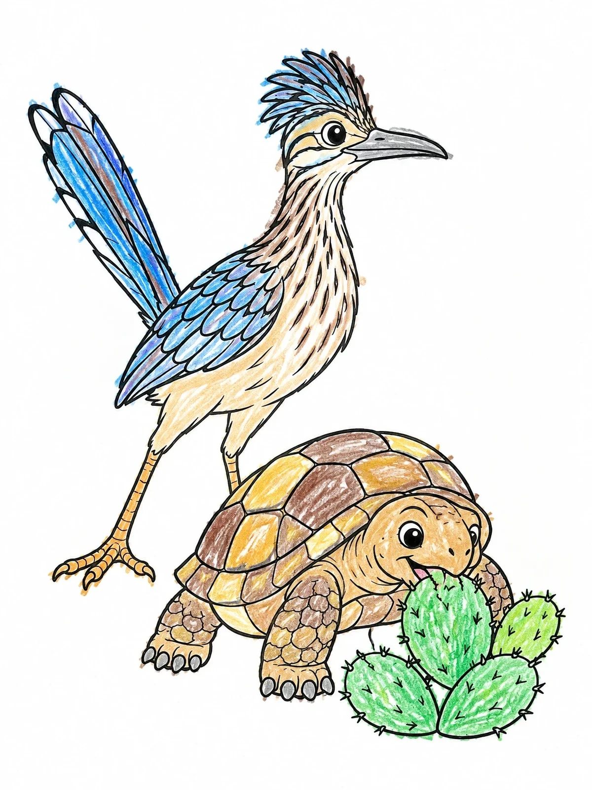 Colored example of the Roadrunner And Tortoise In The Desert coloring page