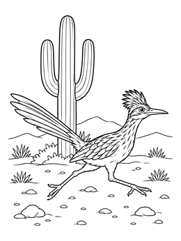 A speedy roadrunner dashing across a desert landscape on this saguaro cactus coloring page.