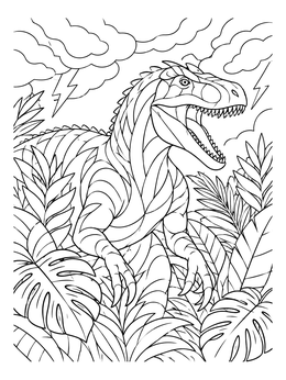 A detailed allosaurus coloring page showing the predator among jungle plants under lightning.