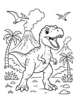 Free printable Roaring Cartoon T Rex And Volcano coloring page