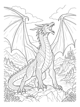 A detailed dragon coloring page showing a roaring beast with open wings perched on a rocky cliff.