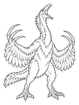 A roaring feathered therizinosaurus coloring page showing huge claws and spread wings.