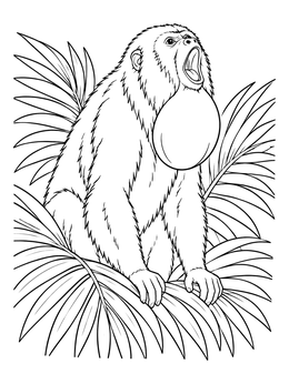 A detailed howler monkey coloring page showing a vocalizing monkey surrounded by large jungle leaves.