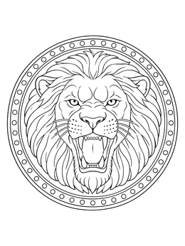 A roaring lion head on a gold coins coloring page medallion with decorative borders.