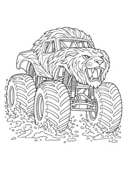 A ferocious lion monster truck coloring page splashing through mud with giant tires.
