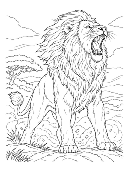 A lion coloring page featuring a majestic male lion roaring powerfully in the windy African savanna.