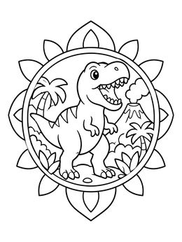 A cheerful cartoon T-Rex roaring on this dinosaur coloring page with palm trees and a volcano.