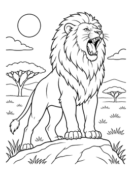 A mighty roaring lion coloring page featuring an open savannah landscape with acacia trees.