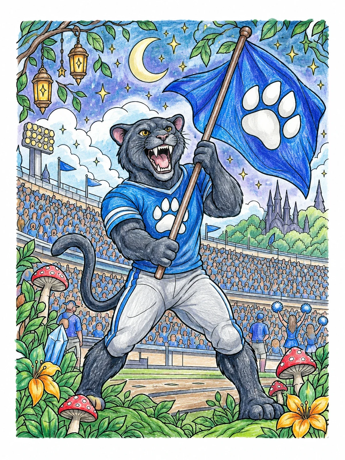 Colored example of the Roaring Panther Mascot With Team Flag coloring page