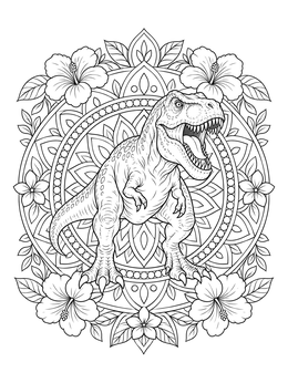 A fierce roaring dinosaur features in this detailed t rex coloring page framed by a floral mandala.