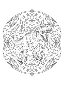 A detailed t rex coloring page featuring a roaring dinosaur surrounded by a celestial feather mandala.