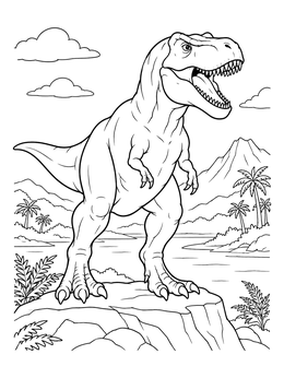 A powerful dinosaur roars in this t rex coloring page set against a prehistoric landscape.