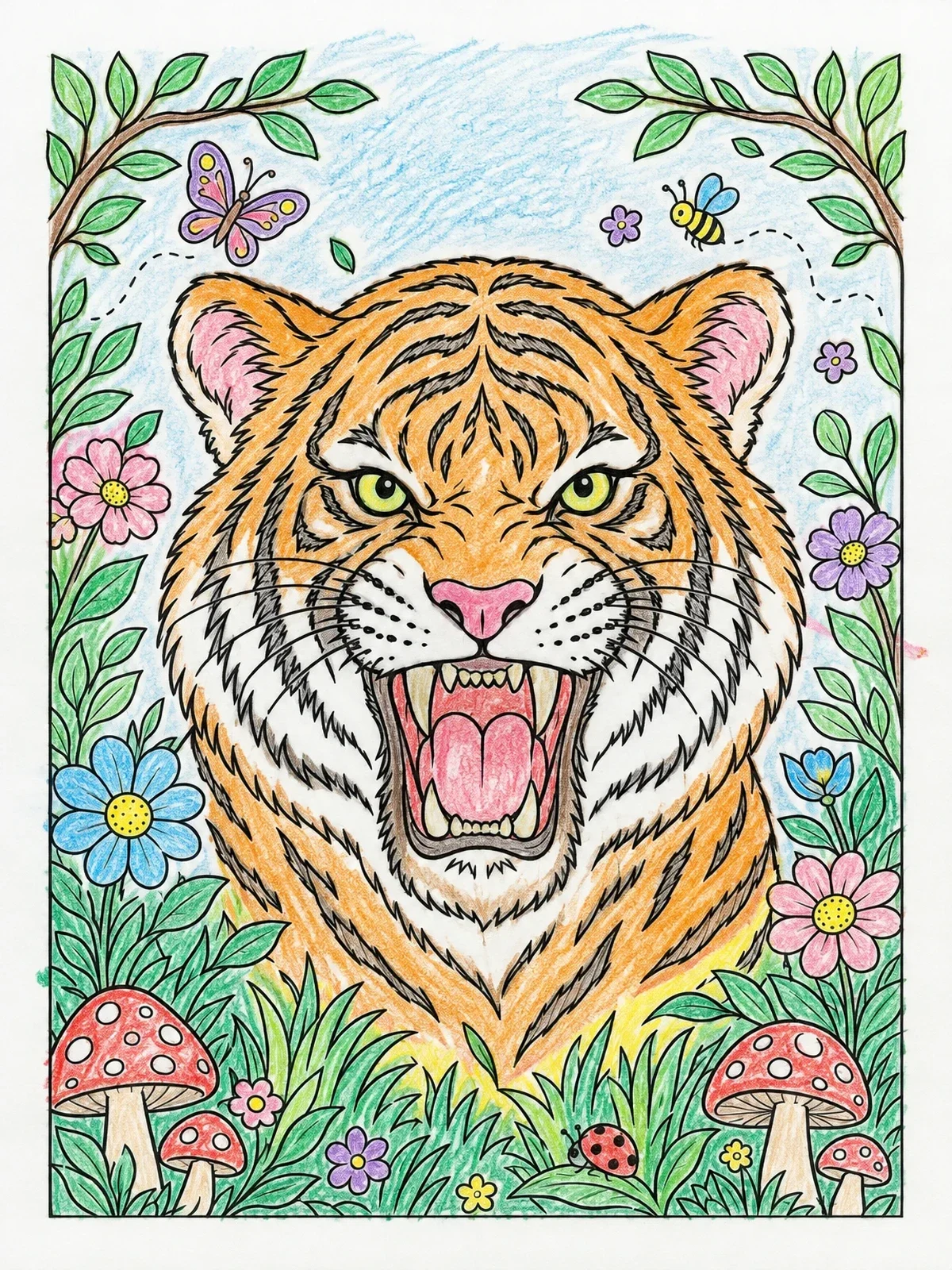 Colored example of the Roaring Tiger In Nature Frame coloring page