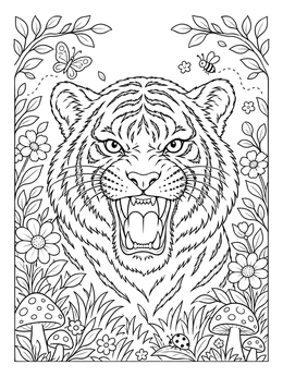 Free printable Roaring Tiger In Nature Frame coloring page