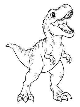 A cheerful cartoon dino opens its jaws wide in this t rex coloring page.
