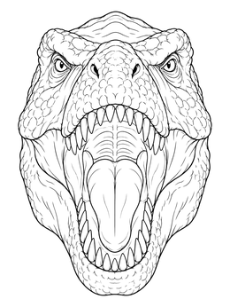 A detailed t rex coloring page featuring a roaring dinosaur head facing forward.