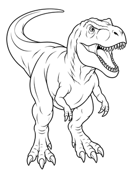 A dynamic t rex coloring page featuring a roaring dinosaur with sharp teeth and claws.