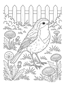 Detailed robin coloring page featuring a bird standing near dandelions by a fence.