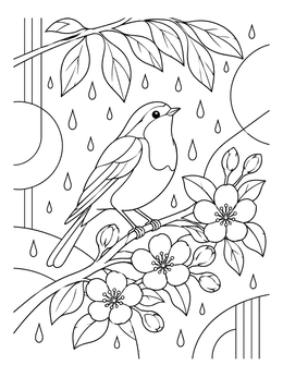 A small bird sits on a blooming branch in this spring rain coloring page.