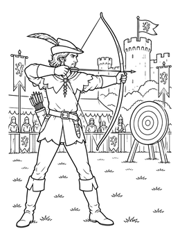 An archery scene with Robin Hood aiming his bow in this robin hood coloring page.