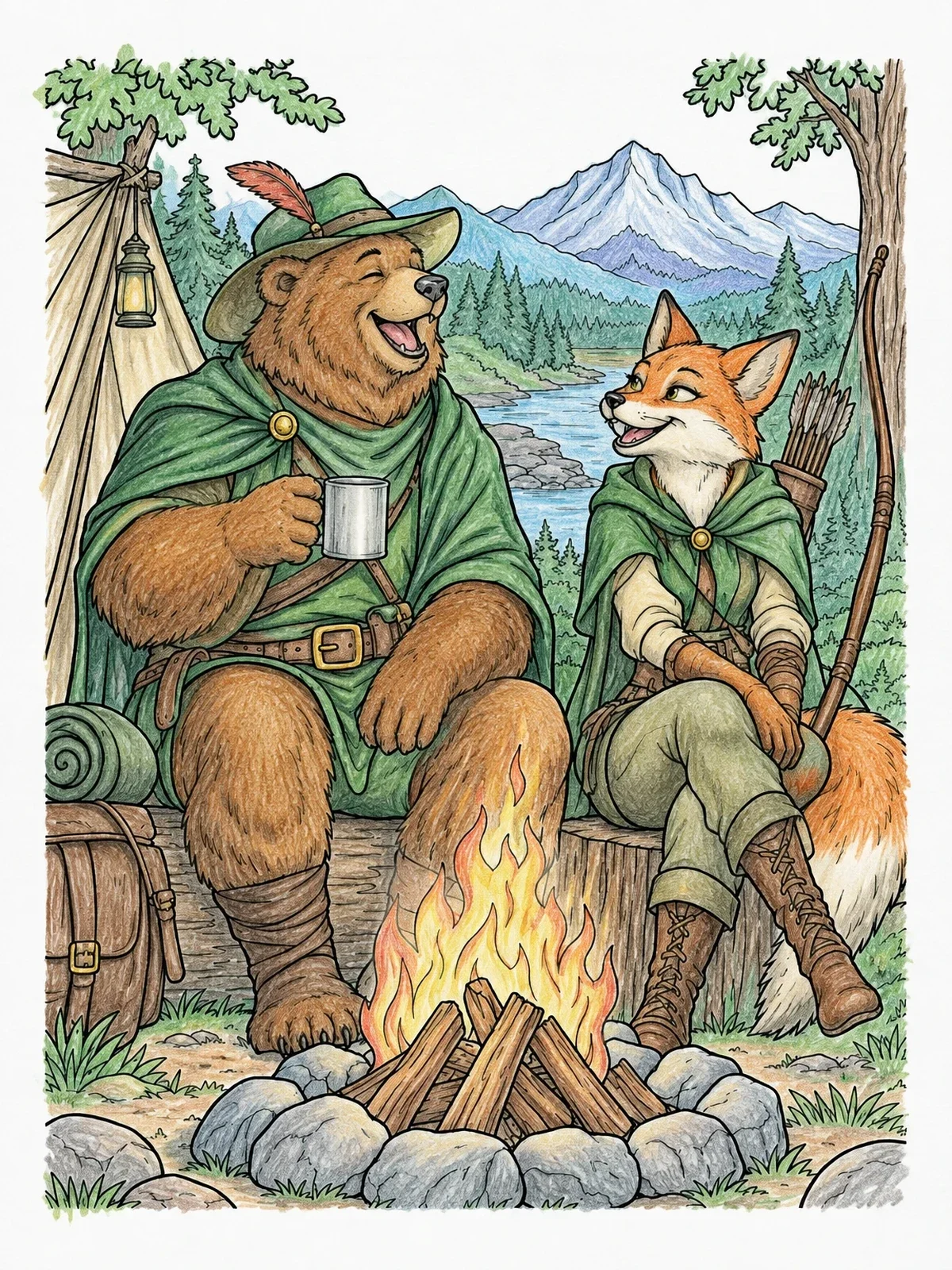 Colored example of the Bear And Fox By The Campfire coloring page