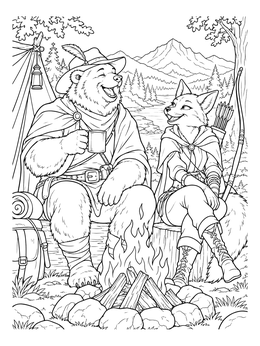 A cheerful bear and fox outlaw relax in this robin hood coloring page.