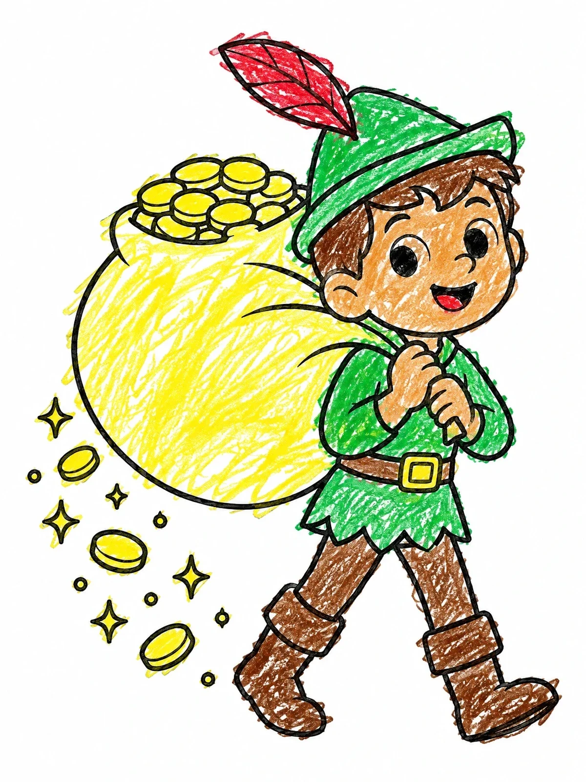 Colored example of the Robin Hood Carrying A Sack Of Gold coloring page