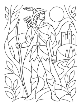 A heroic archer in this robin hood coloring page standing with bow and quiver before a castle.