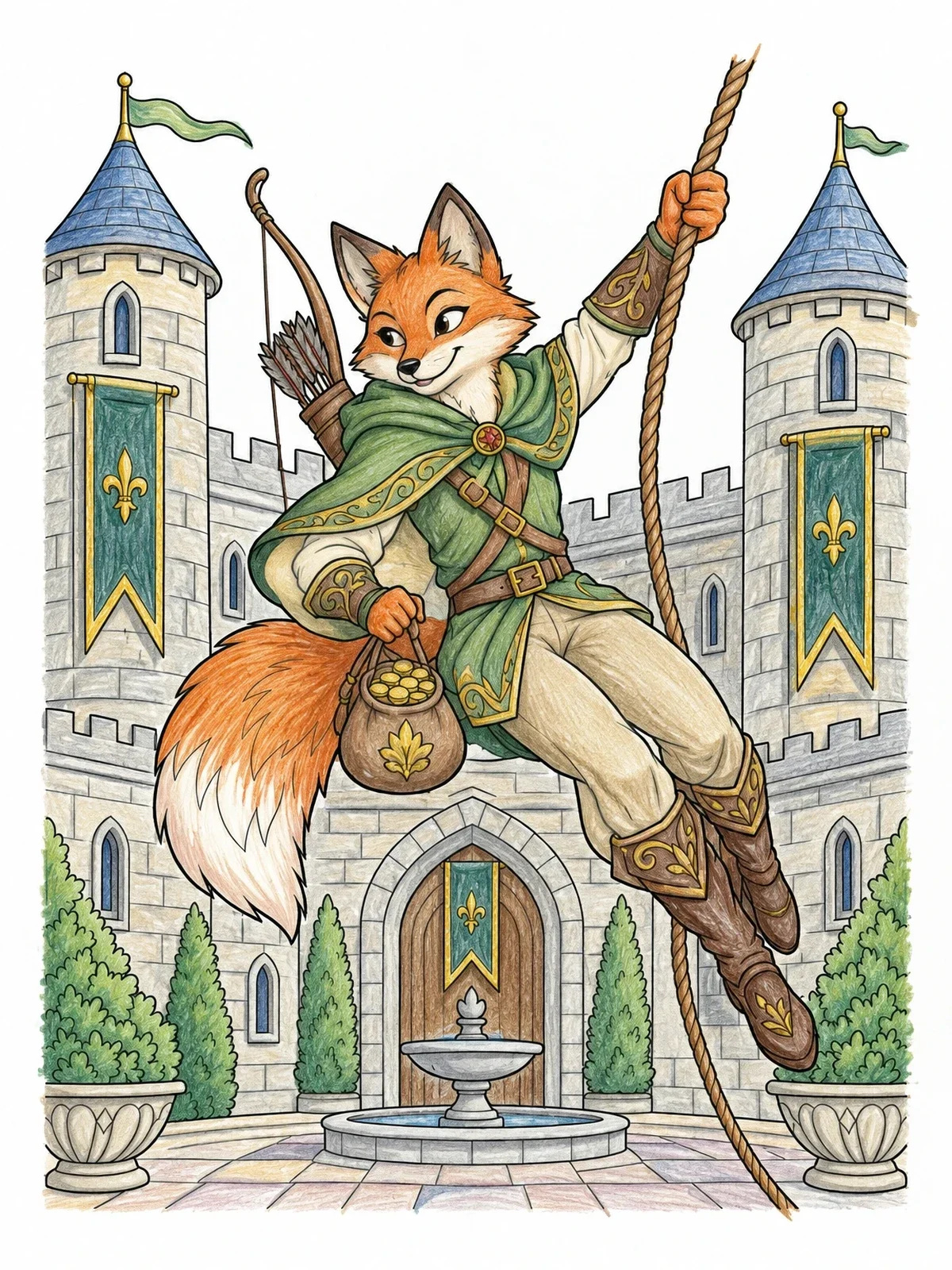 Colored example of the Fox Archer Swinging Across Castle coloring page