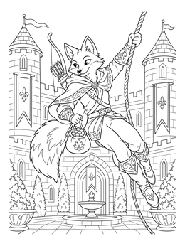 A cunning fox hero swings through a castle courtyard on this robin hood coloring page.