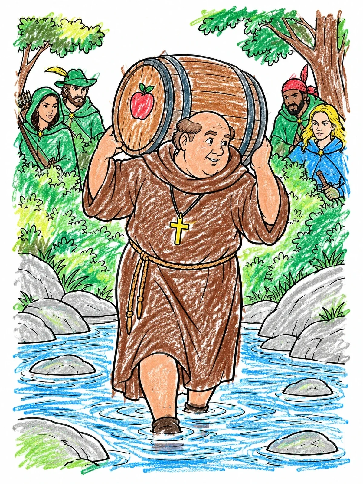 Colored example of the Friar Tuck Carrying A Barrel coloring page