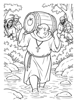 Friar Tuck crosses a river in this robin hood coloring page while outlaws watch.