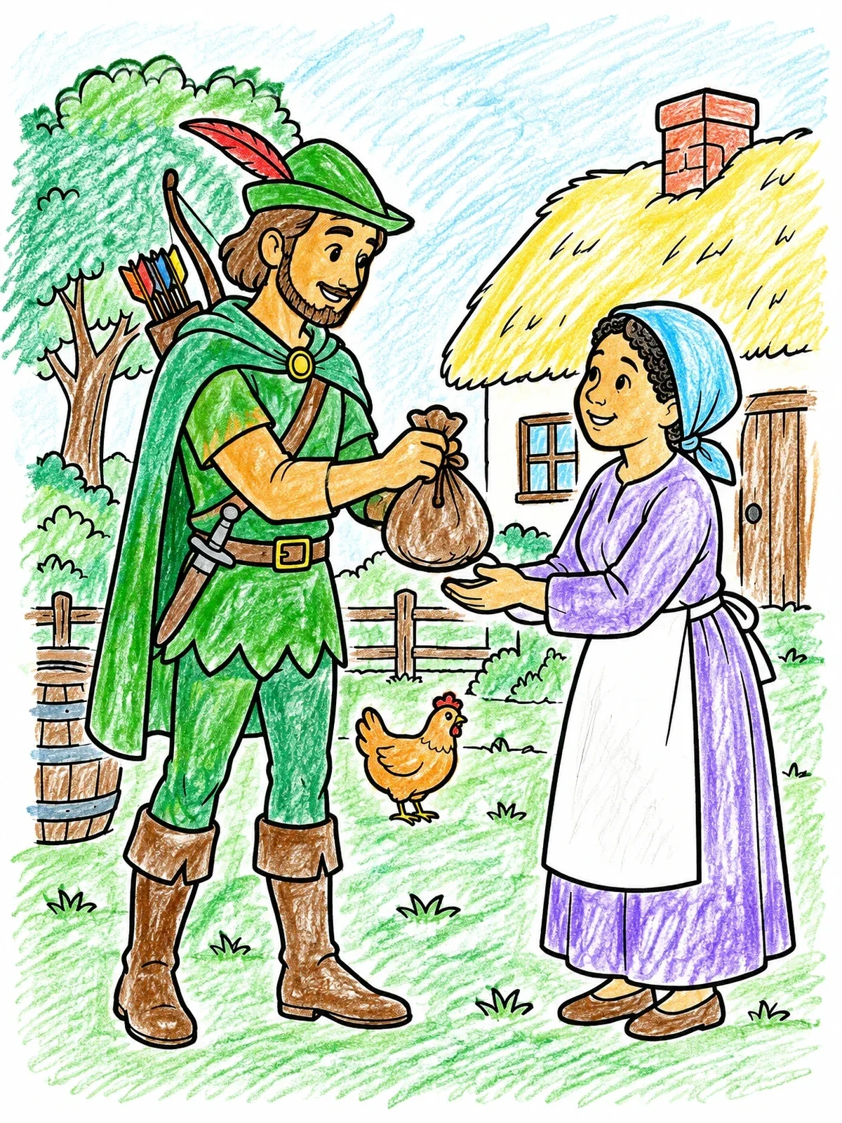 Colored example of the Robin Hood Sharing With Villager coloring page
