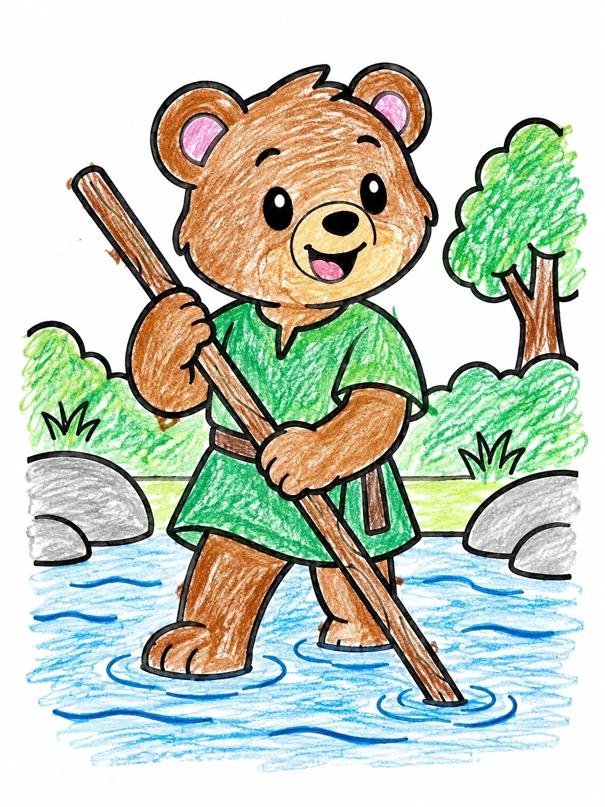 Colored example of the Little John Bear In River coloring page