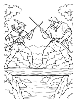 A dynamic robin hood coloring page showing Robin and Little John clashing quarterstaffs on a log bridge.