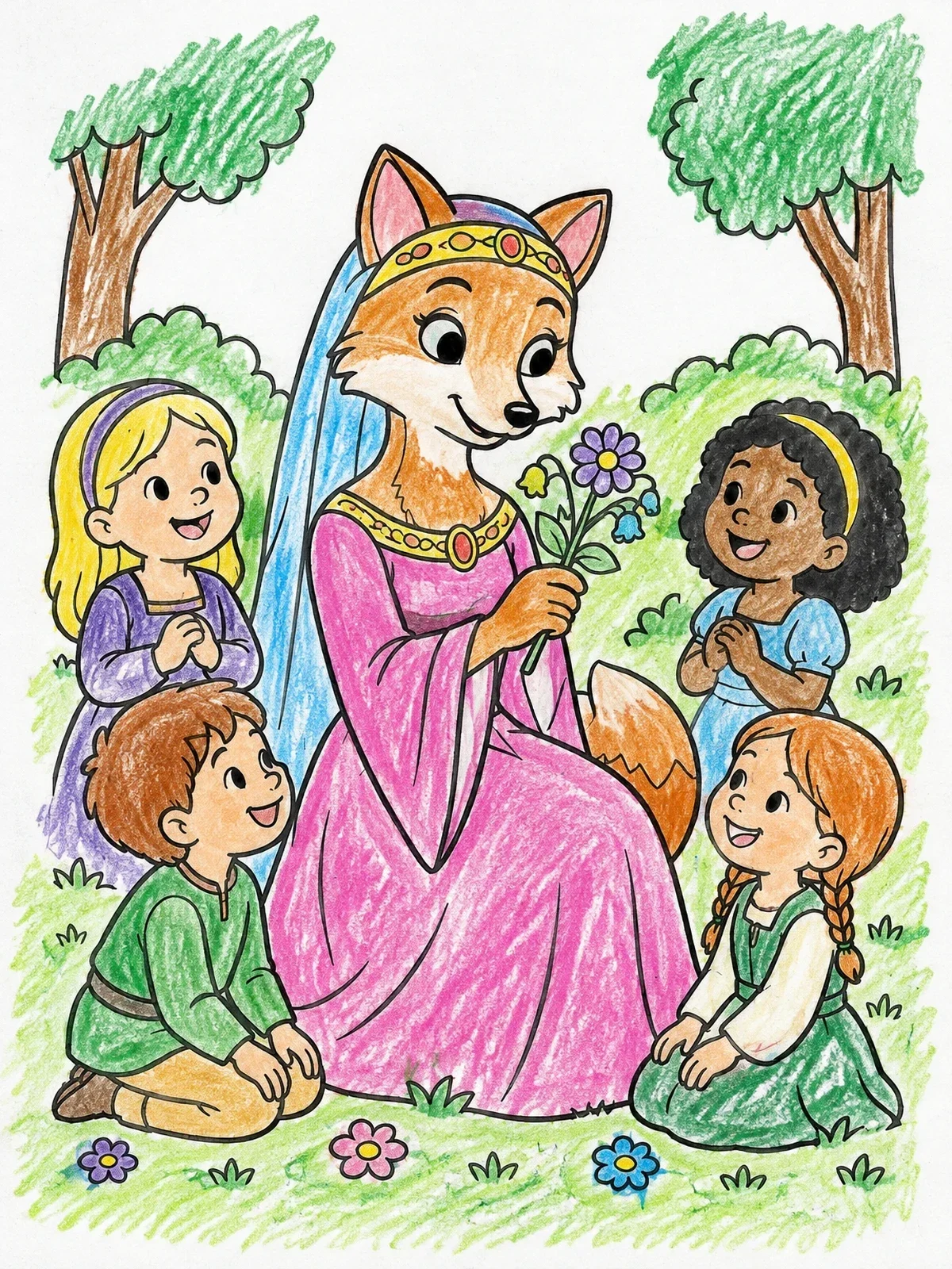 Colored example of the Maid Marian With Forest Children coloring page