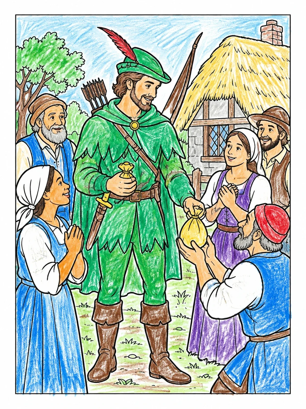 Colored example of the Robin Hood Sharing With Villagers coloring page