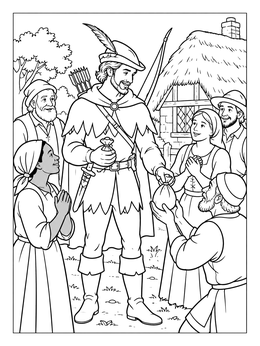 A cheerful robin hood coloring page showing Robin Hood giving money pouches to grateful villagers.