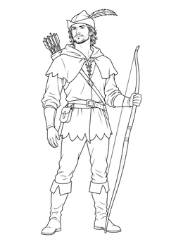 A detailed robin hood coloring page featuring the heroic archer holding a wooden bow.