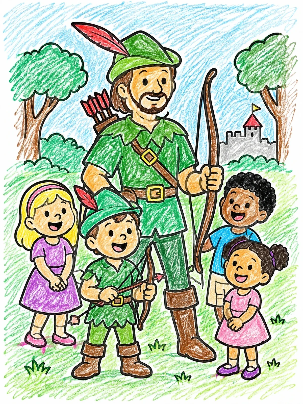 Colored example of the Robin Hood And Cheerful Children coloring page