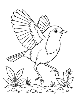 A cheerful robin coloring page showing the bird hopping over garden soil with raised wings.